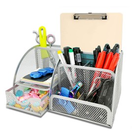 New Office Storage Simple Houseware Mesh Desk Organizer with Sliding Drawer, Five Slot File and Upright Sections, Space-saving Functionality Grey