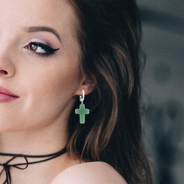 Silver Natural Jesus Cross Green Dongling Jade Stone Drop Earrings,Geometric Simple Single Real Genuine Stone Crystal Gemstone Quartz Dangle Earrings for Women (A10_Green Dongling Jade)