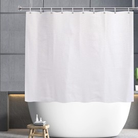 YISURE Short Shower Curtain 59 Inch Length, White Waffle Textured Fabric Waterproof Bath Curtain Sets for Walk in tub with 12 Pack Hooks