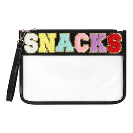 Narsikar Clear Snack Bag for Travel, Chenille Letter Clear Zipper Snacks Pouch Nylon Cosmetic Bag Makeup Travel Bag for Women (Black)