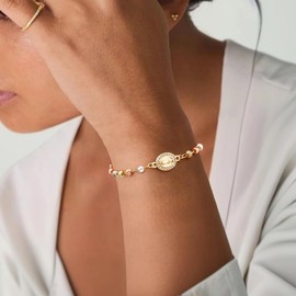 Gold Rosary Bead Cross Bracelet - 14k Gold Plated Virgin Mary Bracelets,Non Tarnish Golden Religious Rosarios Catolicos Virgen de Guadalupe Jewelry,Catholic Confirmation Baptism Gifts for Women