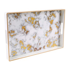 MAONAME White Decorative Tray with Handles, Plastic Serving Tray for Coffee Table, Marbling Rectangular Tray for Ottoman, Bathroom, Storage, 15.7" Lx 10.2" W X 1.57" H