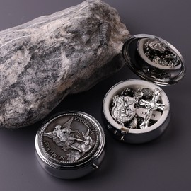 HanlinCC Saint Michael the Archangel Hematite Black Stone Beads Rosary Necklace with Metal Gift Box for Men