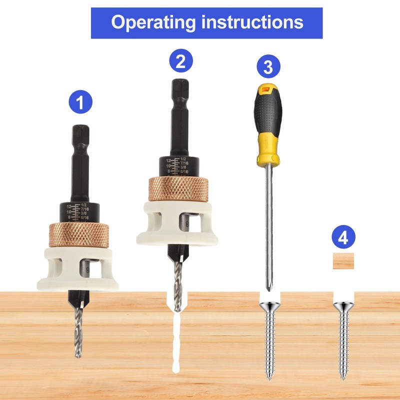 6-Piece Drill Bit with Countersink, Drill Countersink with Depth Stop,