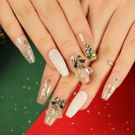 Christmas Press on Nails Medium Coffin Fake Nails Sequins Glitter False Nails With Designs Bow Bell Rhinestones Glue on Nails Full Cover Acrylic Stick on Nails Winter Artificial Nails for Women 24Pcs