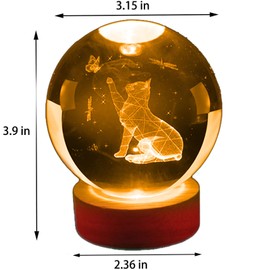 Neioaas 3D Cat Crystal Ball Light,3.15 in 3D K9 Cat Glass Ball Lamp with Remote Control,16 Color Glass Ball Cat Light with Wooden Base Cool Astronomy Desk Decor Gifts for Kids Girls Boys Friends(Cat)