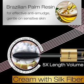 Mascara Volume and Length, 2 in 1 Waterproof Mascara Black Falsies Voluminous Lengthening, Smudge Proof,Long Stay