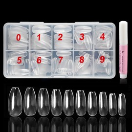 500 Pieces Round Ballerina Full Cover Nails (Clear) with Storage Box and 2g Glue, Beauties Factory Transparent Ballet False Nail Tips in 10 Sizes (Size 0-9) for Nail Salons DIY Extensions Design