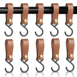 Mecmbj Hooks for Hanging, Pack of 10 S Hooks for Clothes Rail, S Hooks with Leather Loop, Clothes Rail, Leather S-Hooks for Pots and Pans, Clothing, Hats, Towels, Kitchen (Brown)
