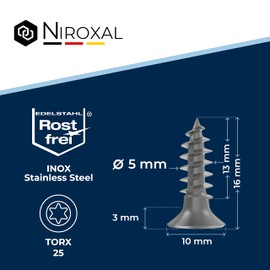 Wood Screws, Torx Screws 5x16, V2A Stainless Steel, Rustproof, Chipboard Screws, Full Thread, 5 mm Thick, 16 mm Long, Pack of 10, A2