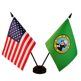 America & Washington Twin Desk Flag, US Washington Table Flags, 8 x 5 Inches American & Washington Deluxe Desk Flag Set - Miniature USA & Washington Stick Flag with Flag Stand