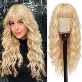 NAYOO Blonde Wigs with Bangs Long Wavy Wigs for Women 26 Inches Synthetic Heat Resistant Wig Natural Looking Realistic Wigs for Daily Party Use（Blonde）