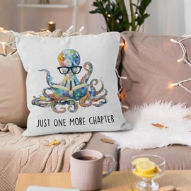 VRW Just One More Chapter Octopus Reading Throw Pillow Covers 18x18, Coastal Beach Bookish Decorative Pillow Covers for Classroom Reading Room, Book Lovers Gifts Accent Pillows Cover Pillowcases