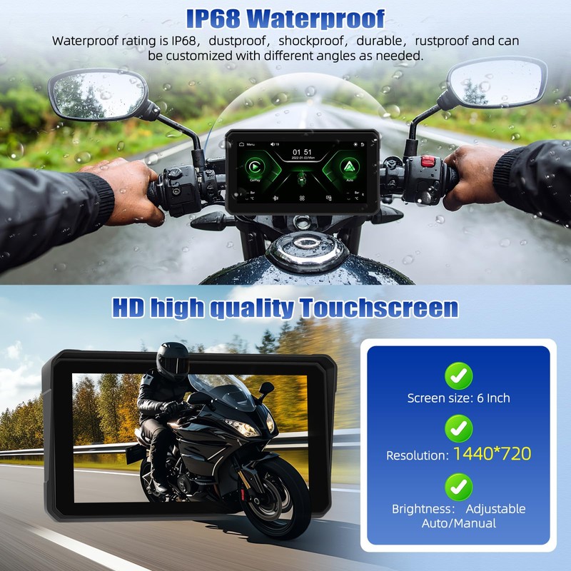 CAMECHO 6 Inch Wireless Motorcycle Carplay Android Car, IP68 Waterproof