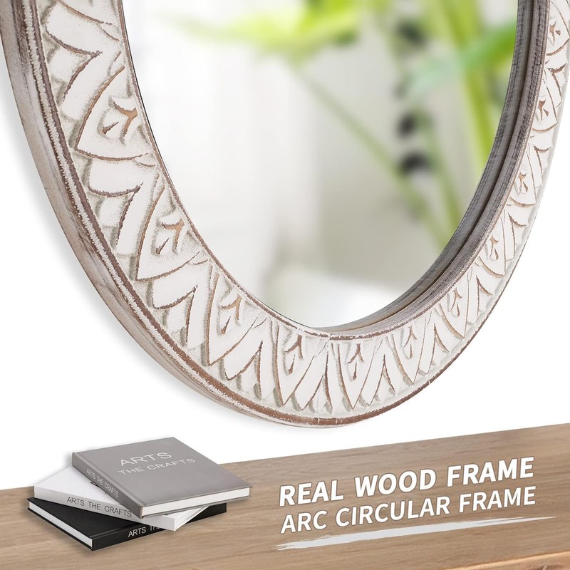 fuxuiwy 20" Round Rustic Mirror Wooden Frame Circle Mirrors, Distressed