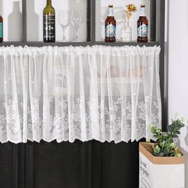 Devola Curtain in American Country House Style Transparent Floral Pattern Yarn Bistro Curtain Cafe Net Curtain Kitchen Curtain Decoration Curtains H x W 120 x 100 cm White Pack of 1