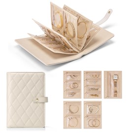 Vlando Travel Jewellery Organiser, Foldable Jewellery Storage Book, Jewellery Case Ring Binder with 5pcs Velvet Jewellery Pouches Bag for Necklace, Earring, Bracelets, Ring, Brooches(White)