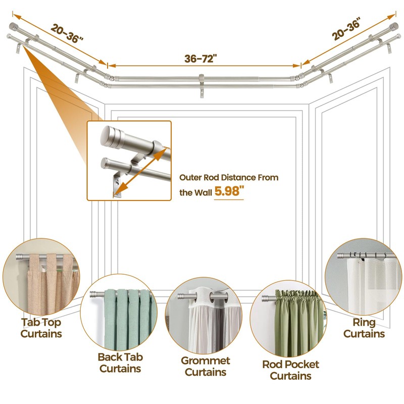 HOTOZON 1 Inch Heavy Duty Double Bay Window Curtain Rod,36-72