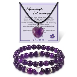 Healing Prayers Crystal Bracelet and Necklace, Get Well Soon Gifts for Women, Natural Stone Anti Anxiety Stress Relief Yoga Beads with Meaningful Message Card (Amethyst)