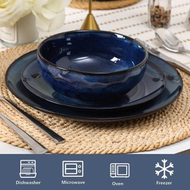 Vicrays Ceramic 12 Pieces Dinnerware Set - Dinner Plates Salad Plates Cereal Bowls Set Service for 4 - Scratch Resistant Microwave Oven Dishwasher Safe - Starry blue