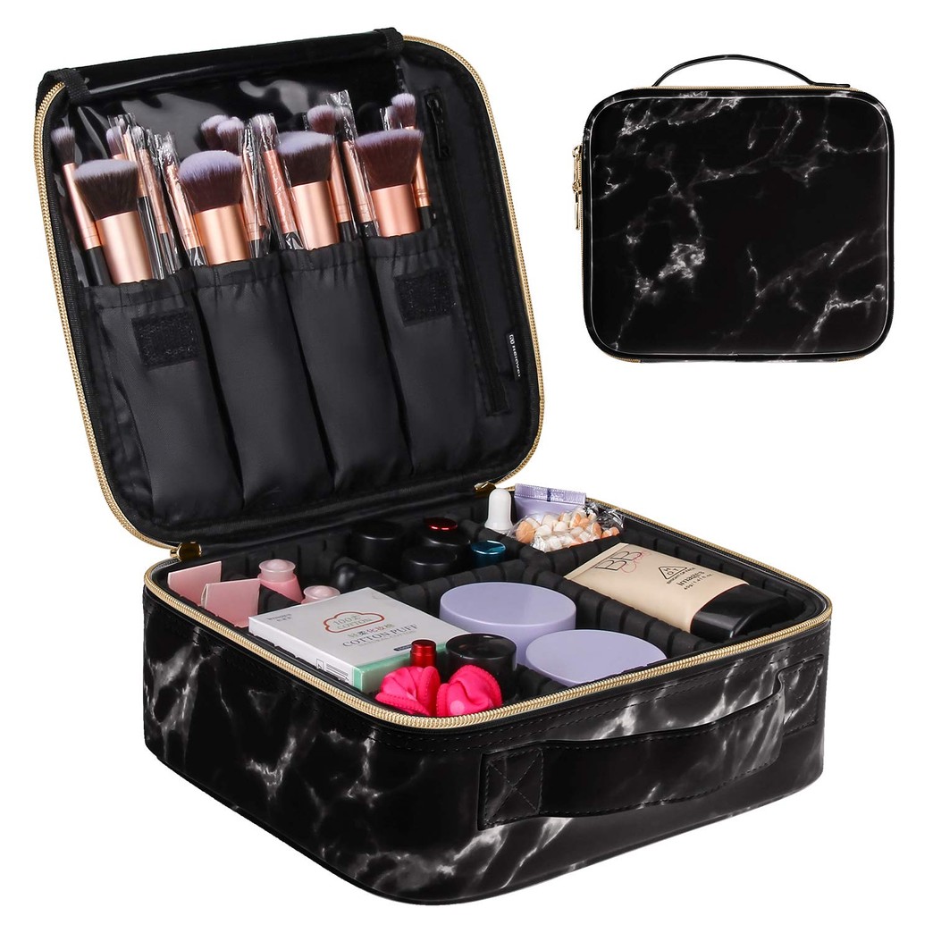 MONSTINA Travel Makeup Bag Organizer,Marble Cosmetic Case Portable Makeup Train Case Professional Makeup Artist Bag with Adjustable Compartment for Cosmetics and Nail Tools…
