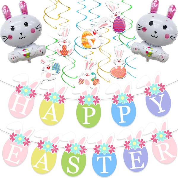 MATTTIME Happy Easter Banner Party Supplies Bunny Hanging Swirl Colorful Eggs Rabbit Foil Balloons Spring Holiday Decoration