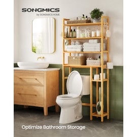SONGMICS Over The Toilet Storage Shelf with Toilet Paper Holder, Bamboo Bathroom Organizer with Adjustable Shelves, 4 Hooks, Space-Saving Storage Rack, Flexible Assembly, Natural Beige UBTS017N01