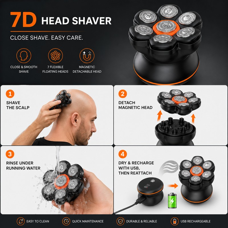 7D Electric Head Shaver for Bald Men – Waterproof Floating