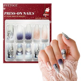 Winter Scenery Press on Nails Christmas Fake Nails Medium Square False Nails with Snowy Forest Design Glue on Nails Full Cover Acrylic Nail for Women Nail Art 24 PCS