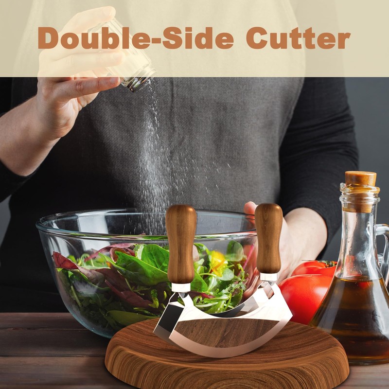 Pebblini Cutting Board & Mezzaluna Knife Herb Chooper–Wooden Chopping Board