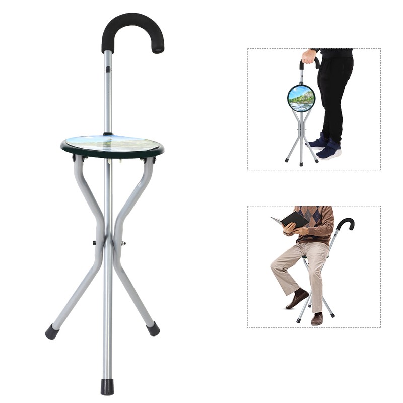 Iron Portable Folding Walking Stick Seat Tripod Travel Chair Stool
