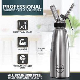B-ARS Whipped Cream Dispenser-Professional Dispenser-Whip Cream Dispenser -Whipping Siphon-Whipped Cream Maker-Stainless Steel Whipped Cream Dispenser (1L)