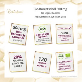 Cellufine® Bio-Borretschöl 500 mg, 120 Kapseln, vegan, 500 mg Bio-Borretschöl pro Kapsel, 20% Gamma-Linolensäure, hochdosiert, allergenfrei, alkoholfrei, zuckerfrei, glutenfrei, vegane Kapselhülle