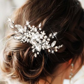 Unicra Silver Rhinestone Wedding Hair Comb Pearl Hair Piece Flower Crystal Bridal Hair Accessories for Women and Girls (Silver, Free Size)