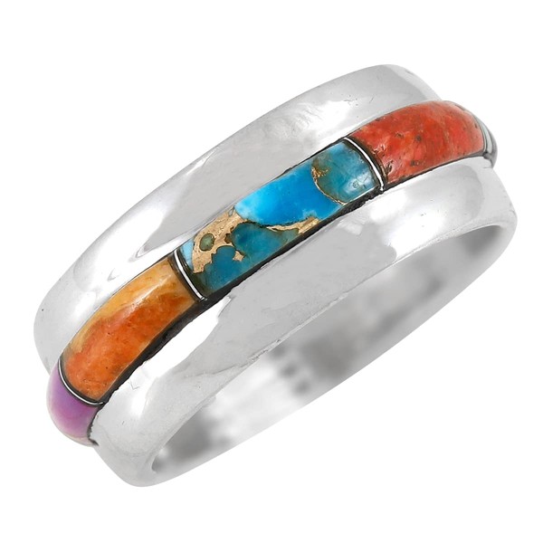 Turquoise Band Ring Sterling Silver 925 Genuine Gemstones (Wide-1/3", Multi-Gems)