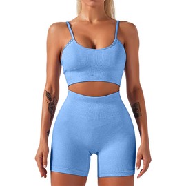HANERDUN Women's Sports Suits, 2 Pieces, Seamless Outfit, Tracksuit, Jogging Suit, Deep V and Leggings, Clothing Sets, Yoga Outfit, Leisure Suit, Sportswear, Suitable for All Year Round, Blue 2