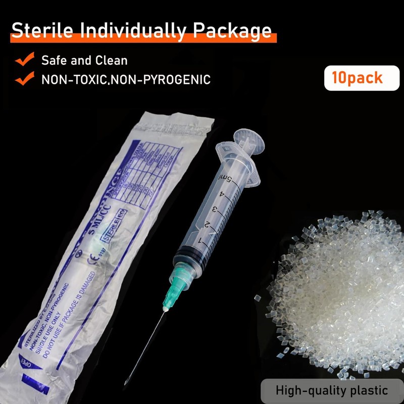 10 Pack 5ml/cc Disposable Luer Lock Lab Syringes with 21Ga