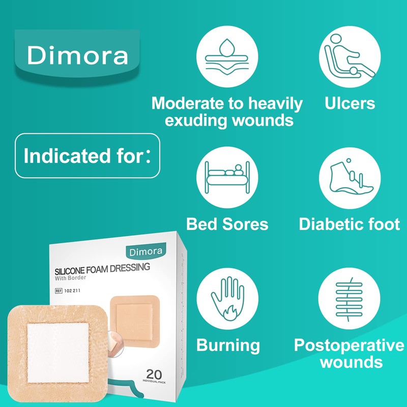 Dimora Silicone Foam Dressing with Border 20 Pack Adhesive 4"x4"