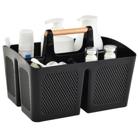 Haundry Plastic Black Shower Caddy Basket with 3 Compartments, Portable Divided Bathroom Cleaning Caddy Organizer Storage Tote with Handle for Dorm, College, Room Essentials