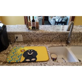 Caroline's Treasures WDK5386DDM Summer Sunflowers Longhair Black and Cream Dachshund Dish Drying Mat Absorbent Dish Drying Mat Pad for Kitchen Counter Dish Drainer Mat for Countertop, 14 x 21", Multic