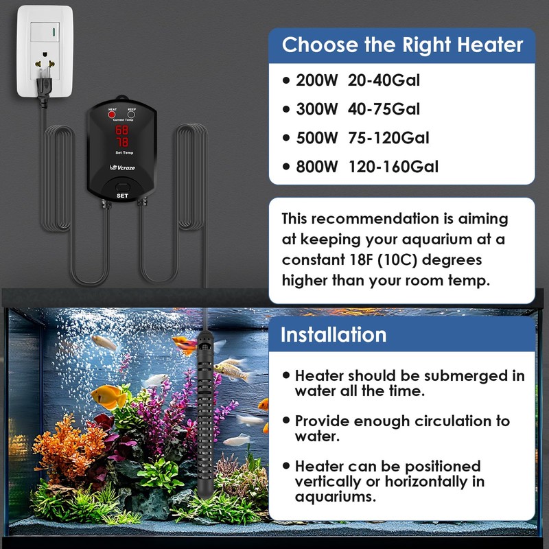 VCRAZE Aquarium Heater 200W Fish Tank Heater with External Thermostat