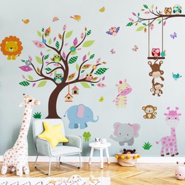 Yeysynana Watercolor Jungle Animal Tree Wall Decals Forest Baby Cute Animals Large Wall Art Stickers for Baby Kids Nursery Playroom Bedroom Classroom Living Room Wall Decor