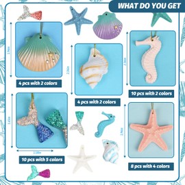 LOMIMOS 36PCS Christmas Ocean Themed Ornament,Colorful Summer Resin Pencil Finger with Rope,Assorted Beach Seashell Starfish Seahorse Nautical Hanging Decor for Wedding Birthday Party Craft