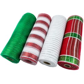 4 Rolls Christmas Poly Mesh Ribbon 10 inch x 30 feet Each，Metallic Foil Mesh White Red Green Deco Mesh for Christmas Wreaths, Tree,Swags, Craft, Party and Decorating Supplies