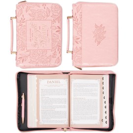 Christian Art Gifts Premium Vegan Leather Fashion Floral Bible Cover for Women: Strength & Dignity - Prov. 31:25 Inspirational Scripture Verse Carry Case w/Pockets & Pen Storage, Pink & Gold, Medium