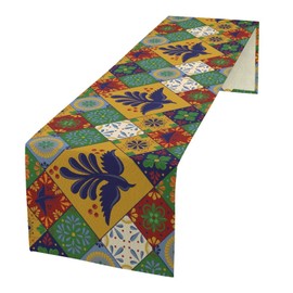 Mexican Talavera Tile Table Runner, Mexican Fiesta Tablecloth Cinco De Mayo Party Table Runner Decoration for Dining Kitchen Home Party Holiday 13x36in