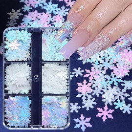 6 Girds Snowflake Nail Art Glitter Sequins, Christmas Laser White Blue Snowflake Nail Sequins 3D Holographic White Snowflake Glitter Flakes Powder Winter Nail Art Decorations Accessories for Women
