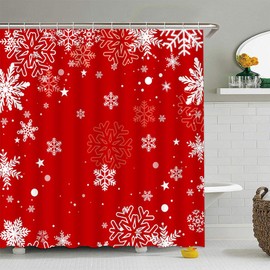 FILMILIL Red Merry Christmas Shower Curtain Winter Snowflake Snow Xmas Star New Year Holiday Romantic Festive Vacation Ornament Bathroom Curtain Set Polyester Fabric Hooks 70 X 70 Inch