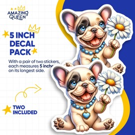 French Bulldog Stickers - Puppy with Flower - Cute Pet Stickers - 2 Pack - 5" Wide Design - Adheres to Laptops, Tumblers, and More – Made in The USA - AQS1448