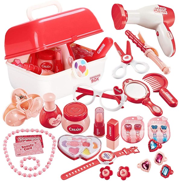 STAY GENT Makeup Girl Vanity Beauty Jewelry Set for Girls, Fake Briefcase Princess Set Role Play, Makeup Accessories Girl Toys Gift for Girl Children Games 3 4 5 6 7 Years Old
